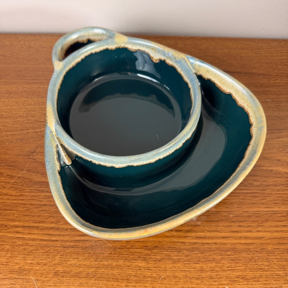 LTD Commodities Teal Ceramic Chip & Dip Serving Platter Bowl Reactive Glaze